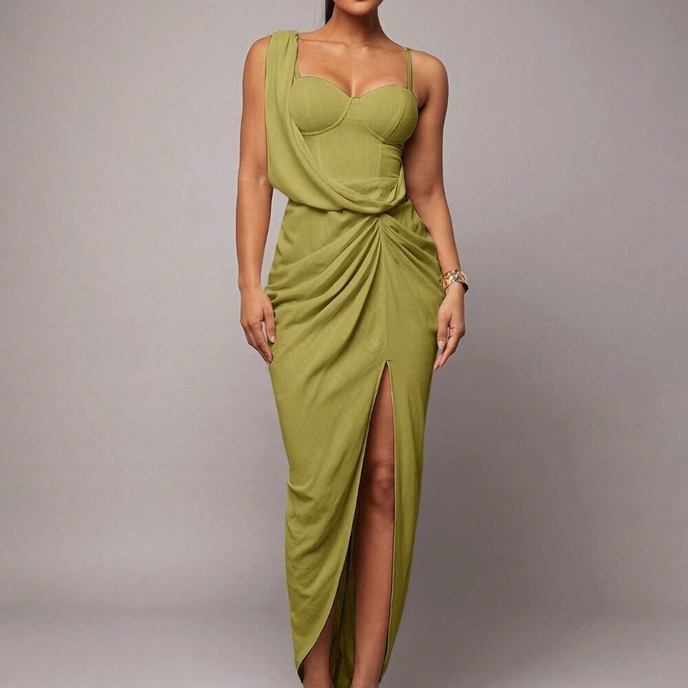 Olive Green Romantic Women's Dress with Asymmetric Neckline